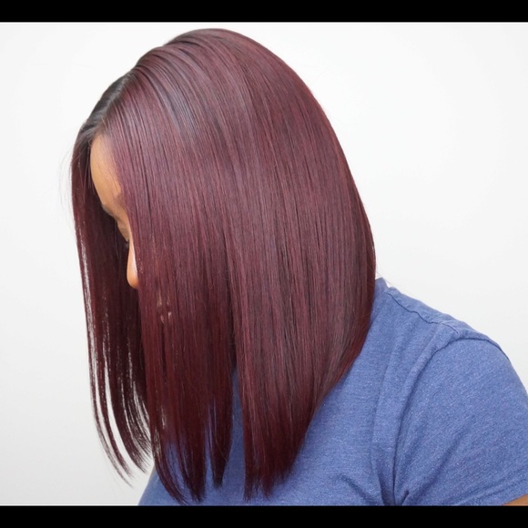 Ombré Burgundy + Black Straight Lace Front Bob Wig - Picture 3 of 8